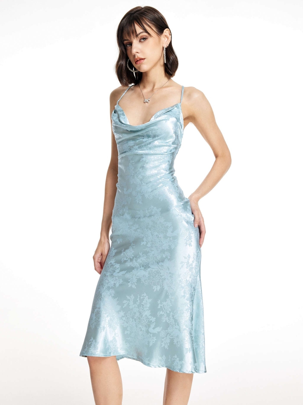 Cider Light Blue Satin Midi Slip Dress